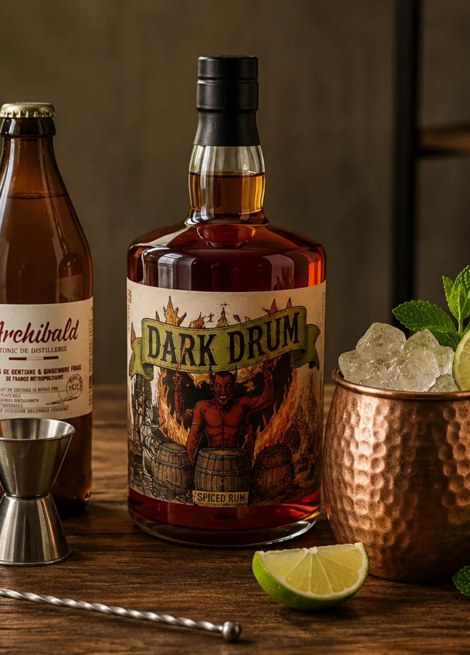 Dark Drum Spiced Rum, bouteille avec un tonic Archibald, un mug de cuivre et un doseur