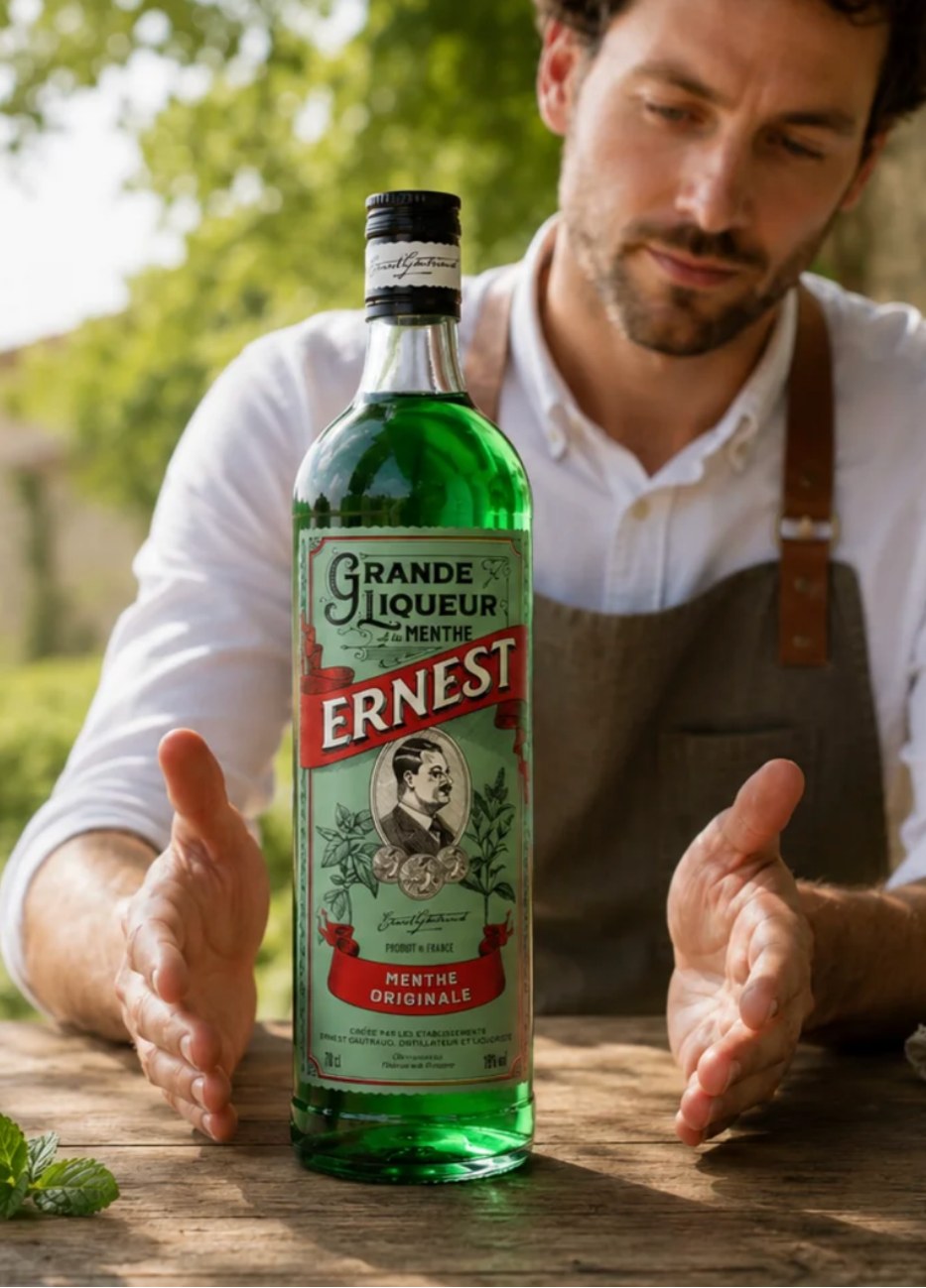Ernest Grande Liqueur de Menthe, bouteille presentee par un barman