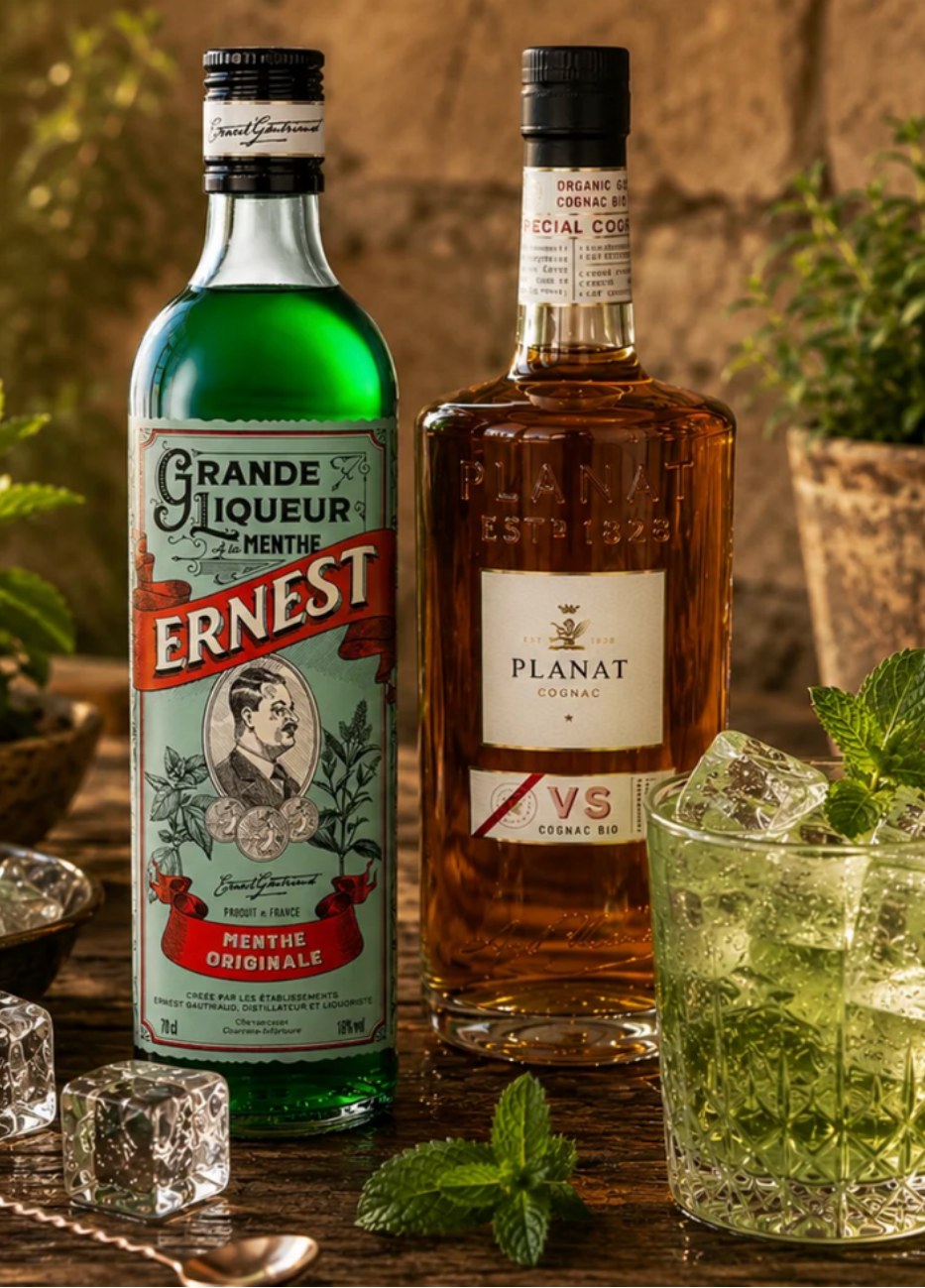 Ernest Grande Liqueur de Menthe et cognac Planat, deux cocktails a la menthe fraiche servis en exterieur