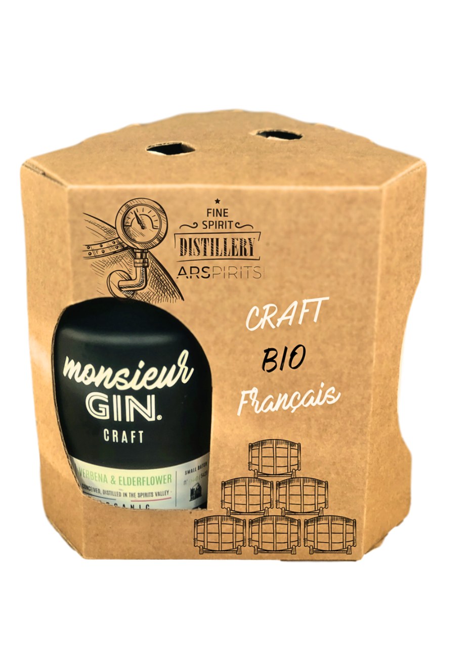 Etui carton kraft AR.Spirits, bouteille Monsieur Gin Craft poire et fleur de sureau, mentions Craft BIO Francais
