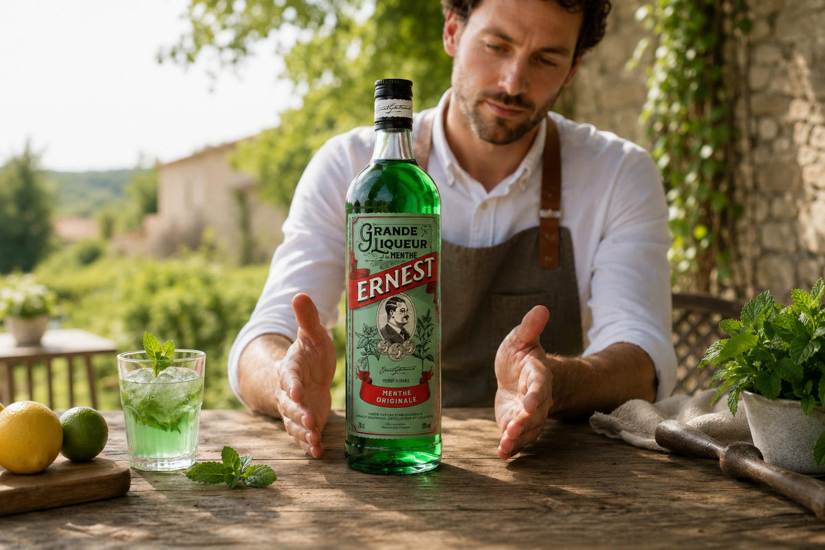 Ernest Grande Liqueur de Menthe — bouteille présentée en terrasse (visuel IA)
