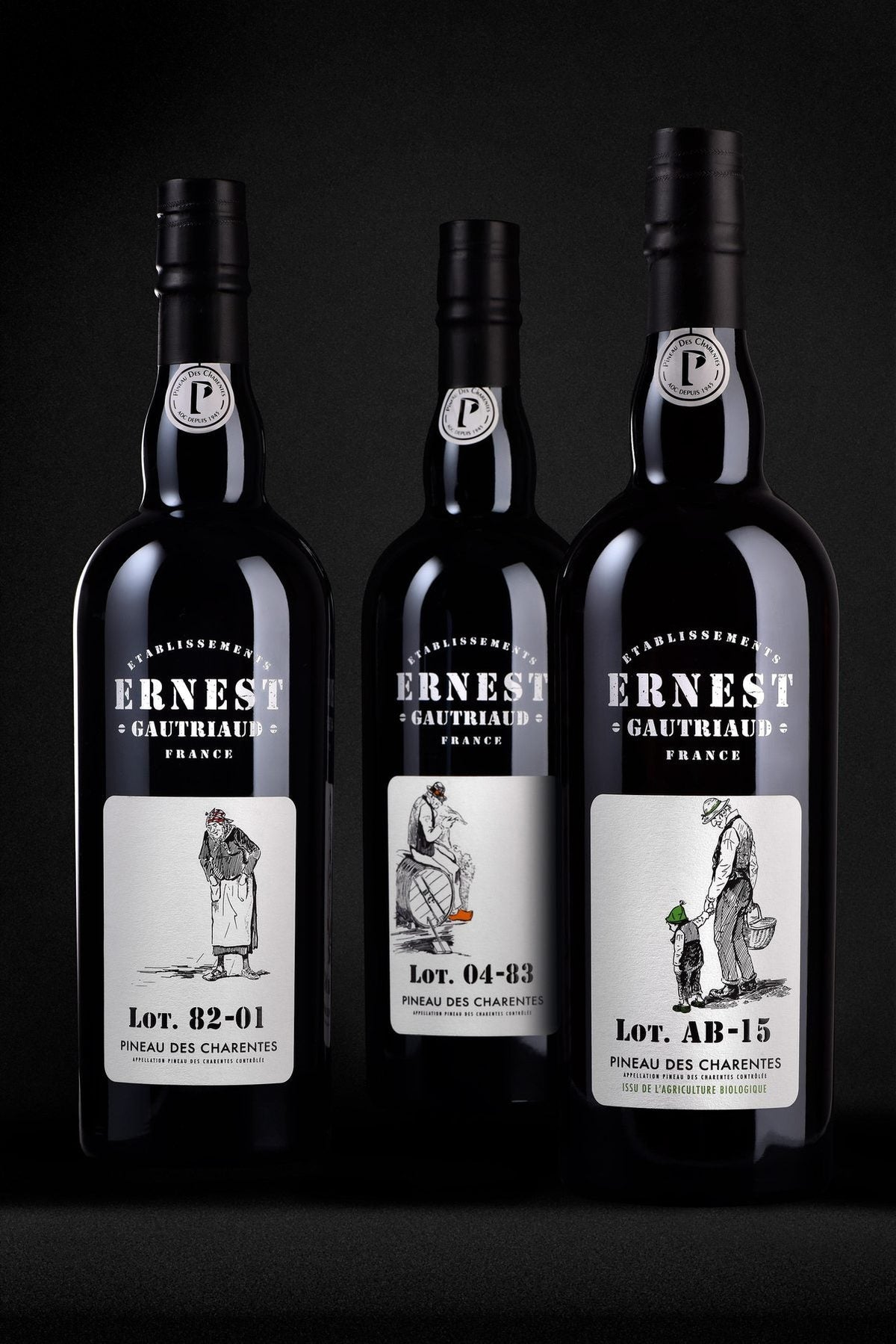 Ernest Gautriaud — gamme Pineau des Charentes Lots 82-01, 04-83 et AB-15 sur fond noir