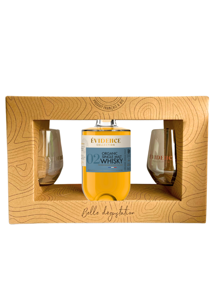 Coffret Évidence N°02 avec une bouteille de 70 cl et deux verres logotés