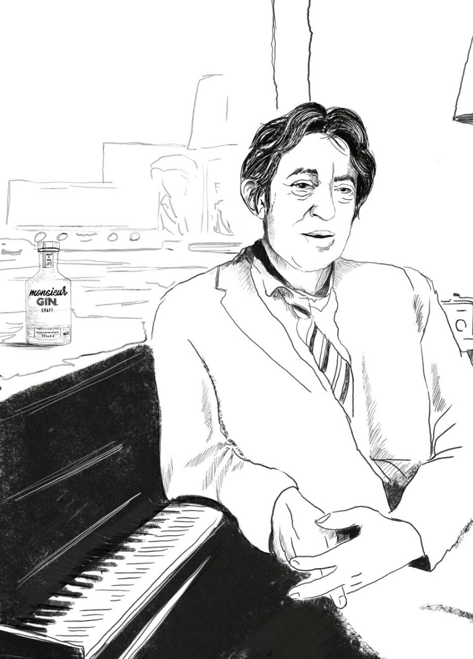 Monsieur Gin BIO, illustration d'ambiance, bouteille posée sur un piano