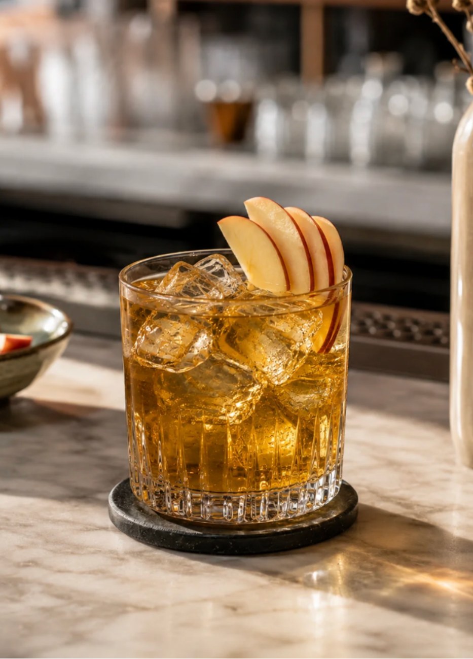 Ernest Single Grain Whisky, cocktail sur glace garni de lamelles de pomme