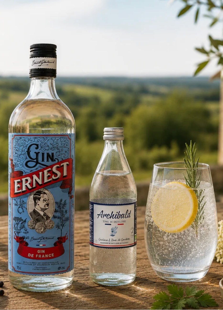 Ernest Gin servi en gin tonic avec un tonic Archibald, mise en situation extérieure
