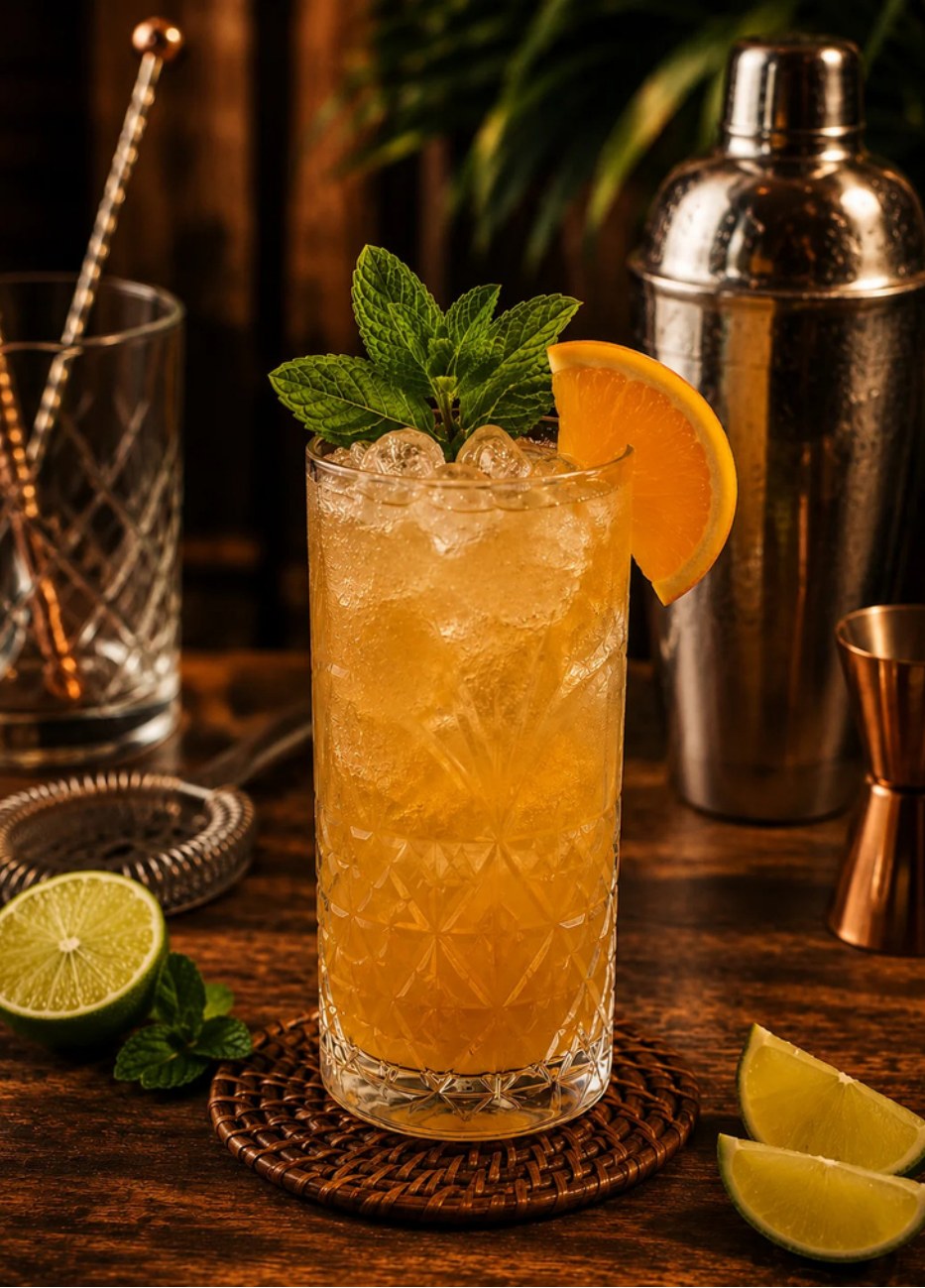Hee Joy Jamaica VSOP, cocktail long drink à l'orange et à la menthe