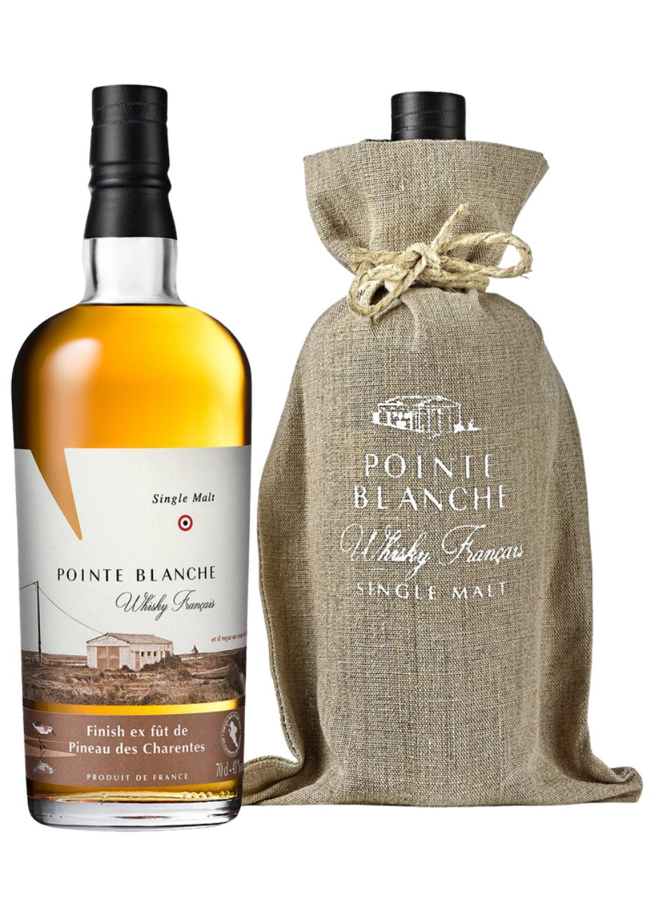 Pointe Blanche Single Malt Finish Pineau des Charentes 70 cl — bouteille et pochon en toile de jute