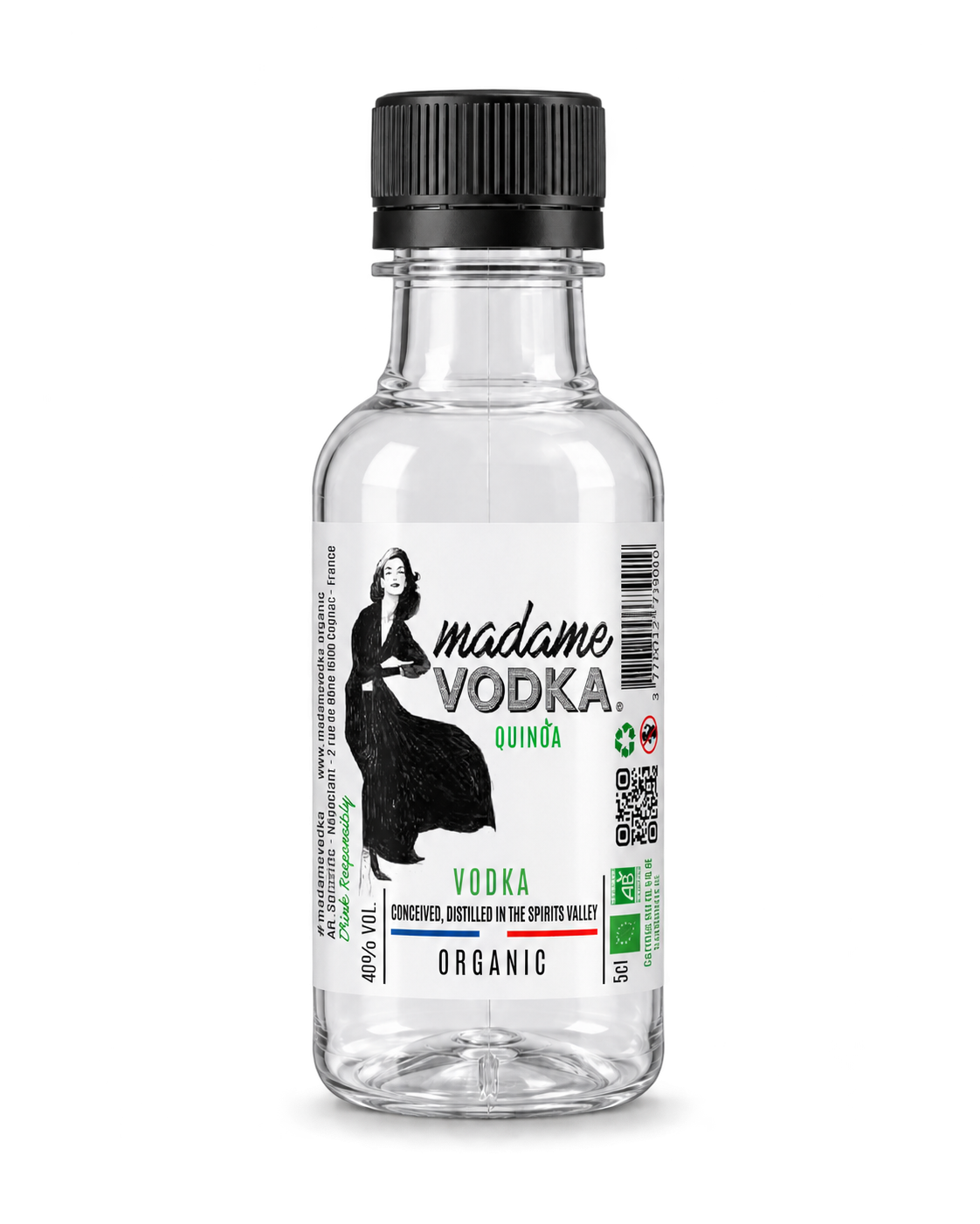 Madame Vodka — maquette PET 5 cl avec étiquette, visuel IA non contractuel