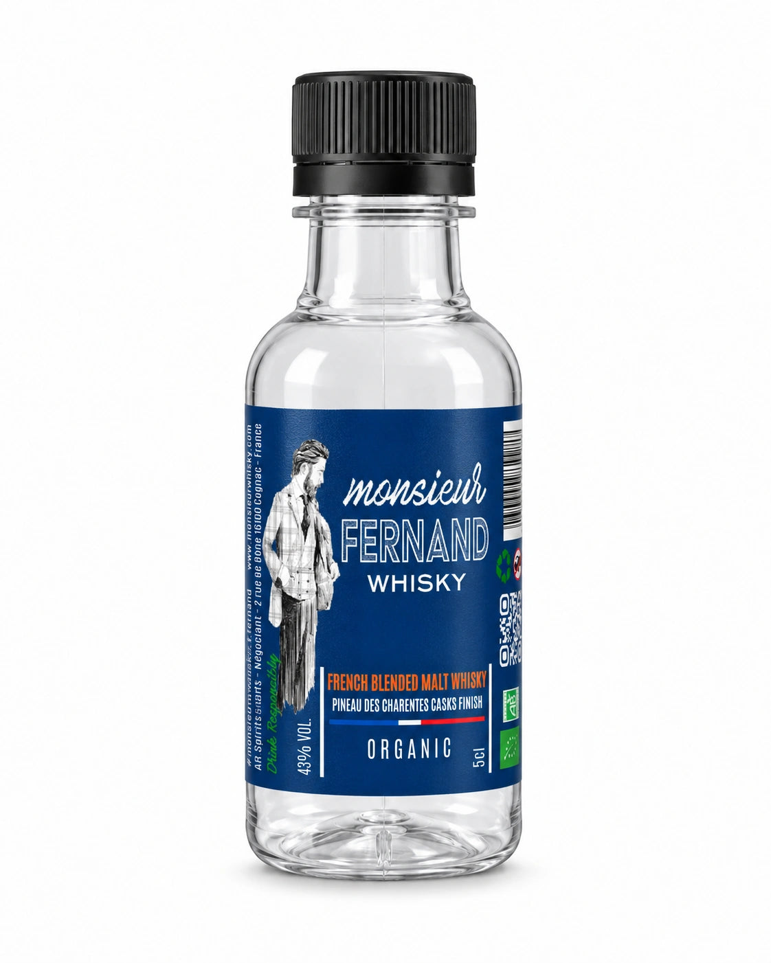 Monsieur Fernand Whisky — maquette PET 5 cl avec étiquette, visuel IA non contractuel
