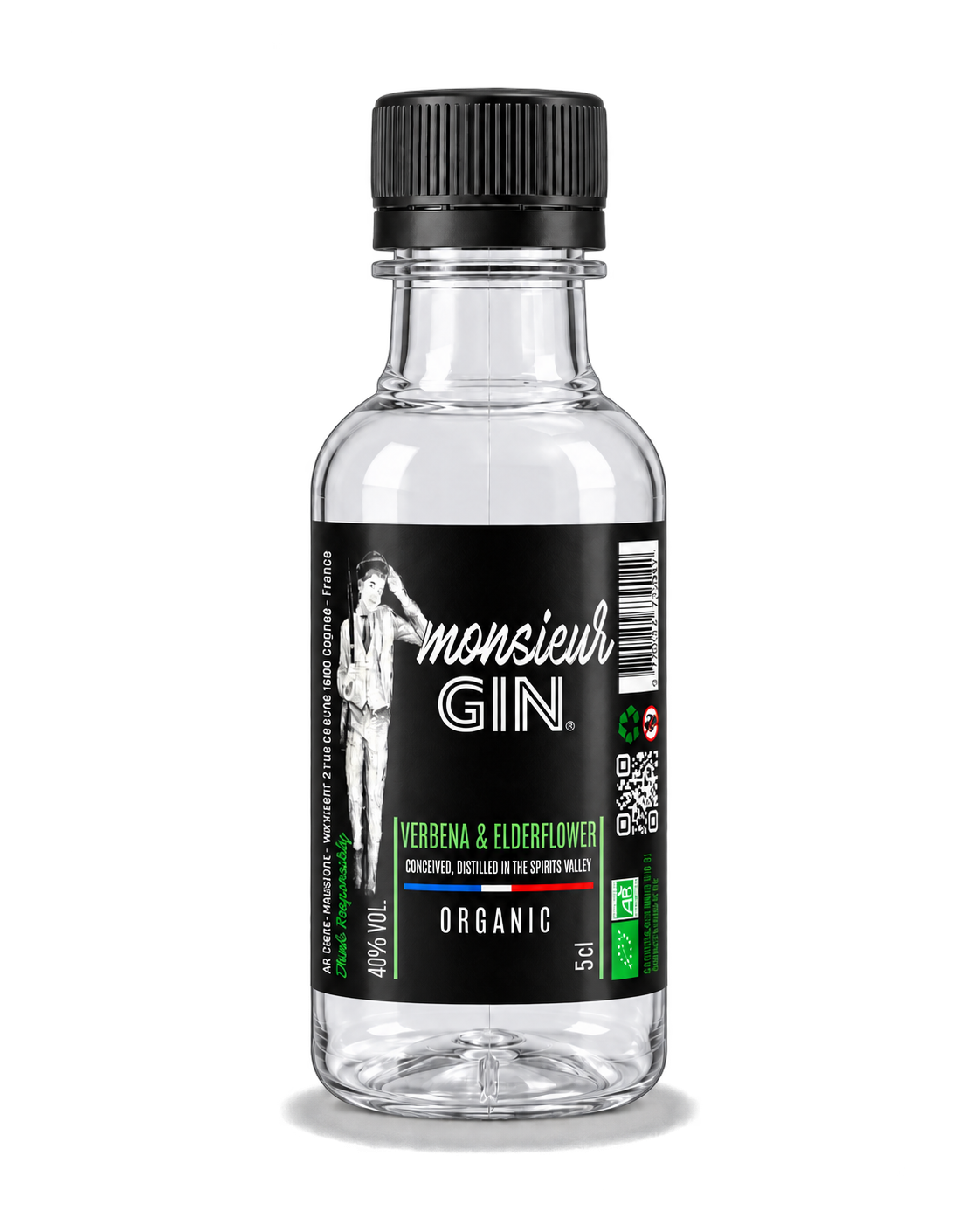 Monsieur Gin — maquette PET 5 cl avec étiquette, visuel IA non contractuel