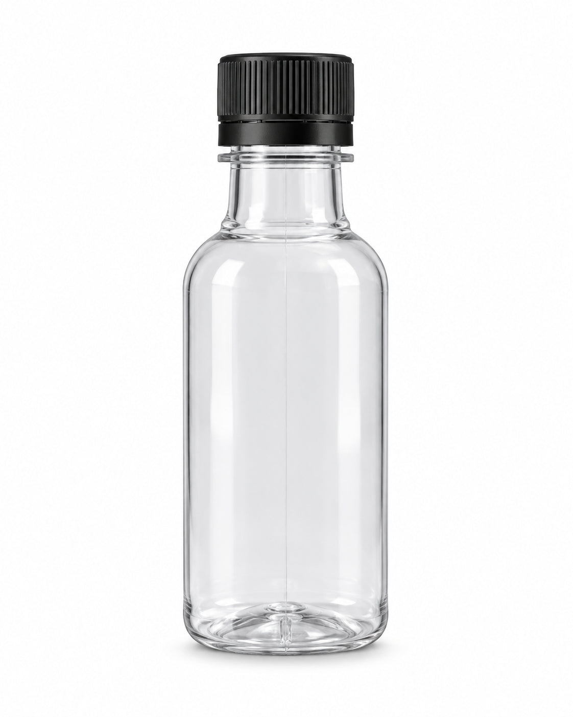 Illustration du format : flacon PET 5 cl vide, sans étiquette, avec bouchon noir